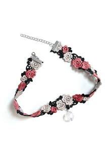 1條紅白花卉刺繡吊墜項鍊,洛麗塔風格復古宮廷時尚,適合與最好的朋友、姐妹和朋友分享,與洋裝搭配更是得宜 - 玫瑰 - 查看 2