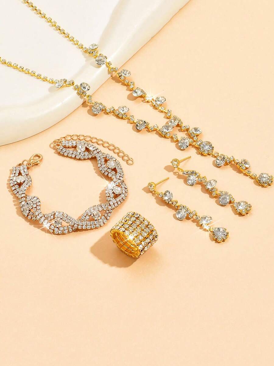 5入組/套歐美風格時尚女式銀色和金色全鑲鑽珠寶套裝,包括項鍊、手鍊、耳環和戒指。非常適合婚禮 - 彩色 - 查看 1