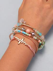 5pcs/Set Bohemian Style Glass Beaded Bracelets, Multilayer Adjustable Crystal Pendants Light Green Creative Jewelry - Colorful - View 2