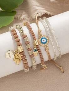 6pcs/Set Bohemian Style Coffee Tone Multi-Layer Elastic Bracelet With Heart Pendant - Coffee - View 2