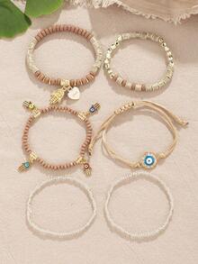 6pcs/Set Bohemian Style Coffee Tone Multi-Layer Elastic Bracelet With Heart Pendant - Coffee - View 3