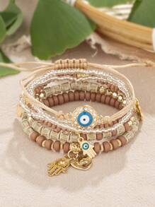 6pcs/Set Bohemian Style Coffee Tone Multi-Layer Elastic Bracelet With Heart Pendant - Coffee - View 1