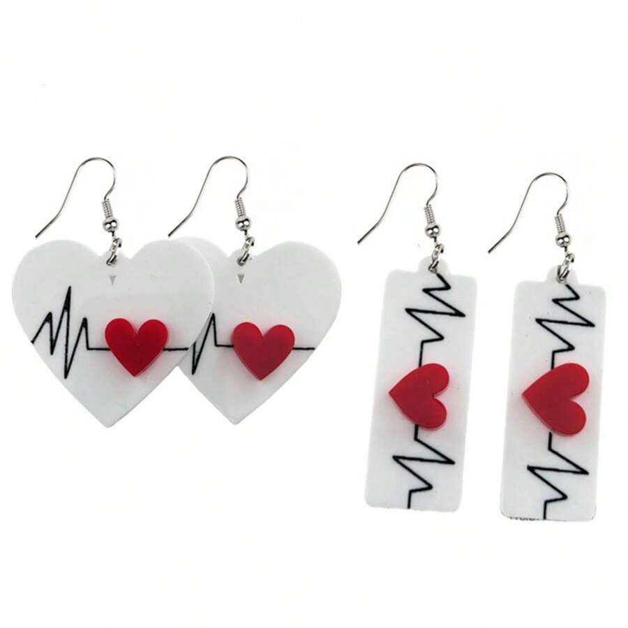 1對女式簡約精美心電圖心形吊墜耳環,歐美風格,情人節、秋冬新品,配以卡通設計,適合作為聖誕節和節日禮物,也適用於情人節家居裝飾 - 黑色 - 查看 1