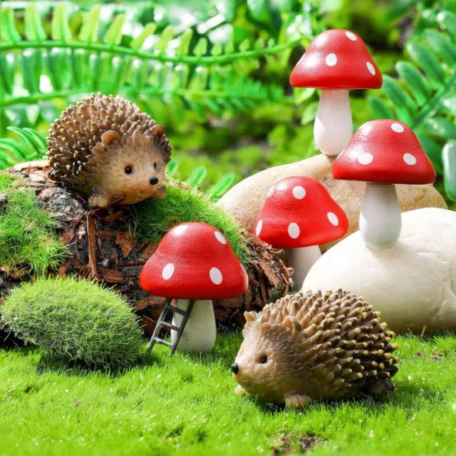 6pcs Resin Hedgehog & Mushroom Miniature Landscape Decoration - Multicolor - View 1