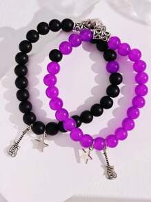 1對藍黑/粉黑色珠子吉他磁性手鐲,帶心形 - 情侶首飾 - 套裝 - 查看 9