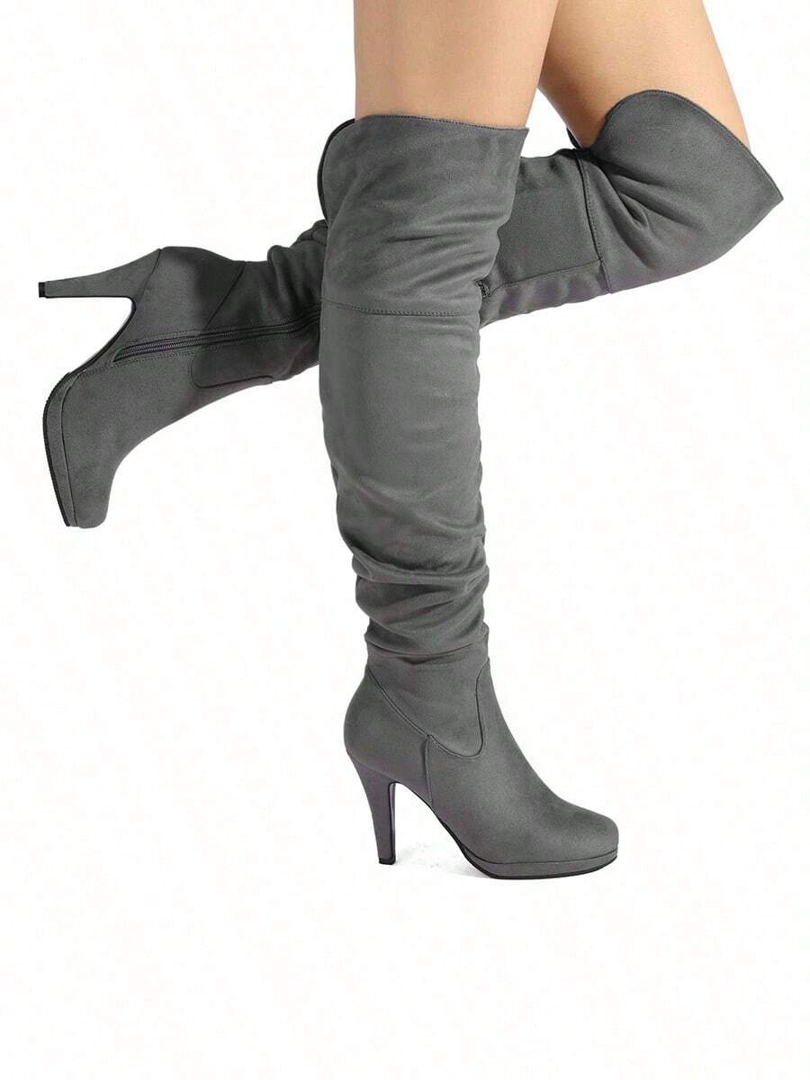 Women Fashion Thigh High Boots Comfortable Suede Leather High Heel Over The Knee Boots For Autumn & Winter Wearing - 灰色 - 查看 1