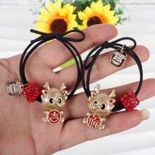 2pcs Children's Chinese Style New Year Hair Ties For Girls, Ropes With Year Of The Dragon Decoration - Black - View 7