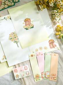 1入創意ins風格可愛動物、花印紙張信封套裝,金箔質感,適用於學生 - 彩色 - 查看 3