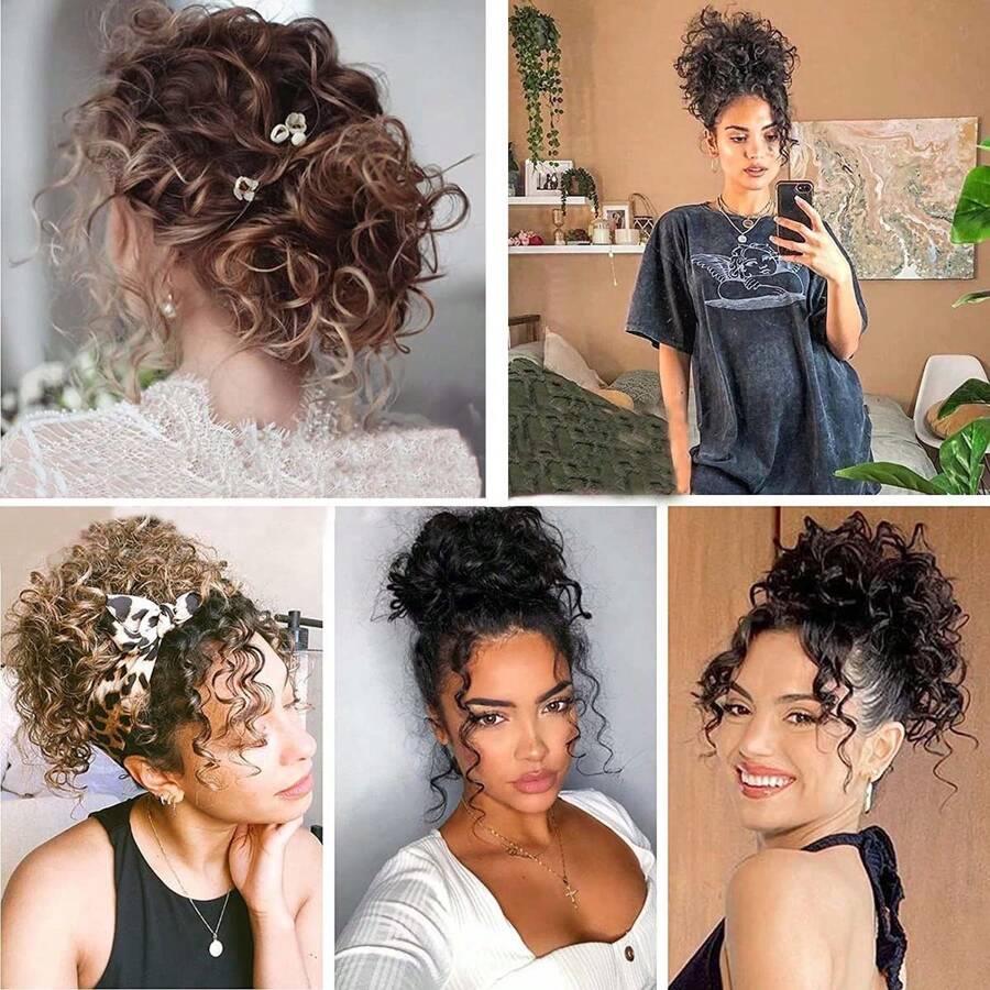 1入組帶彈性橡皮筋的亂雜捲髮片,適合馬尾或髮髻髮型