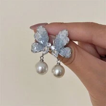1pair New Design Pearl Crystal Butterfly Earrings For Women, Vintage Style & Unique & Versatile & Fashionable Jewelry - Butterfly Earrings - View 3
