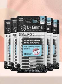 Dr. Emma 100Ct/Pack Dental Picks Charcoal Brush Picks 100Ct/Pack, Tooth Picks, Teeth Cleaning Tool - 黑與白 - 查看 6