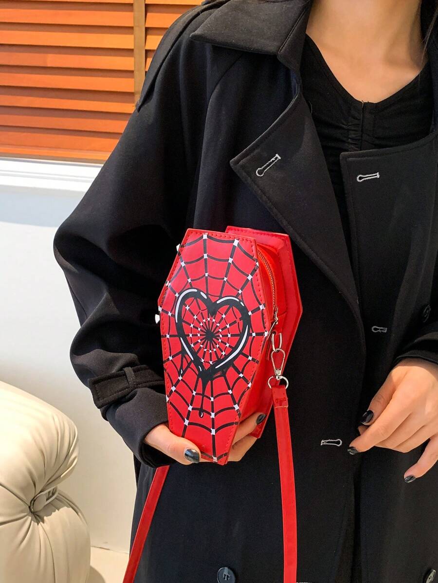 Printed Spider Web & Heart Decor Crossbody Coffin Shaped Women's Handbag, Fashionable Valentines - Red - View 1