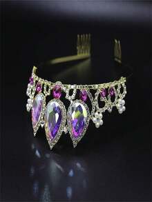 新娘婚禮頭帶水晶公主皇冠,ab色玻璃水滴,婚紗攝影髮飾 - 彩色 - 查看 2