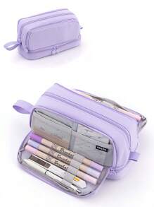 Angoo Dual Side Open Pen Bag Pencil Case 4 Partitions Easy Handle Storage Pouch, Back To School, School Supplies, Pencil Pouch, School Bag - Purple - View 1