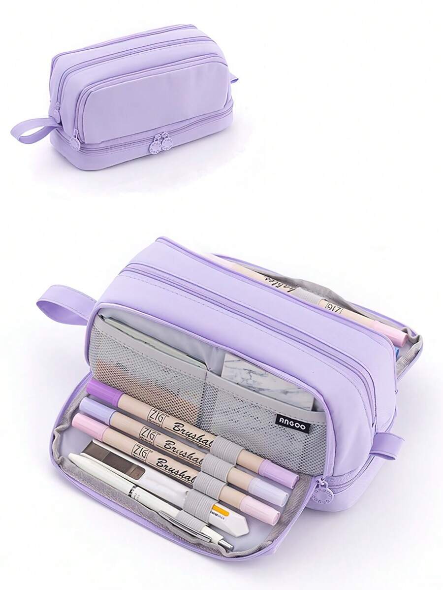 Angoo Dual Side Open Pen Bag Pencil Case 4 Partitions Easy Handle Storage Pouch, Back To School, School Supplies, Pencil Pouch, School Bag - Purple - View 1