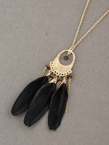 1個時尚黑色羽毛流蘇吊墜項鍊,帶黑油滴,可作毛衣鏈,復古風格創意個性化項鍊 - 黑色 - 查看 3