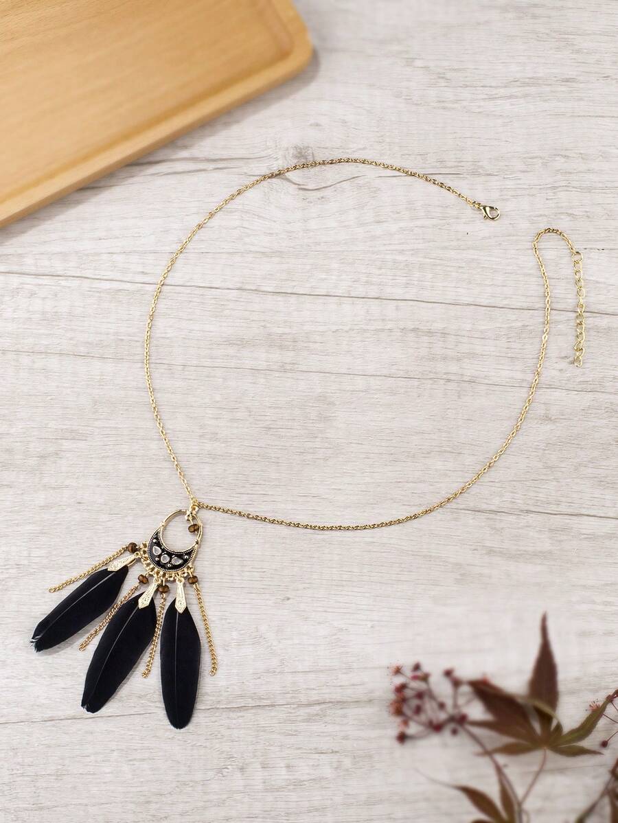 1個時尚黑色羽毛流蘇吊墜項鍊,帶黑油滴,可作毛衣鏈,復古風格創意個性化項鍊 - 黑色 - 查看 1