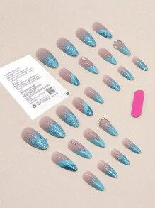 Elevate Your Style With 24pcs Long Almond Blue French Glitter Rhinestones Style Fake Nail & 1pc Nail File & 1sheet Tape Nails - Multicolor - View 2