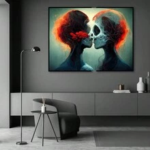 1入組無框情侣骷髏之吻藝術海報,附帶帆布印刷裝飾,適用於臥室、客廳、書房、走廊、家庭、電影院、花園、娛樂室 - 彩色 - 查看 2