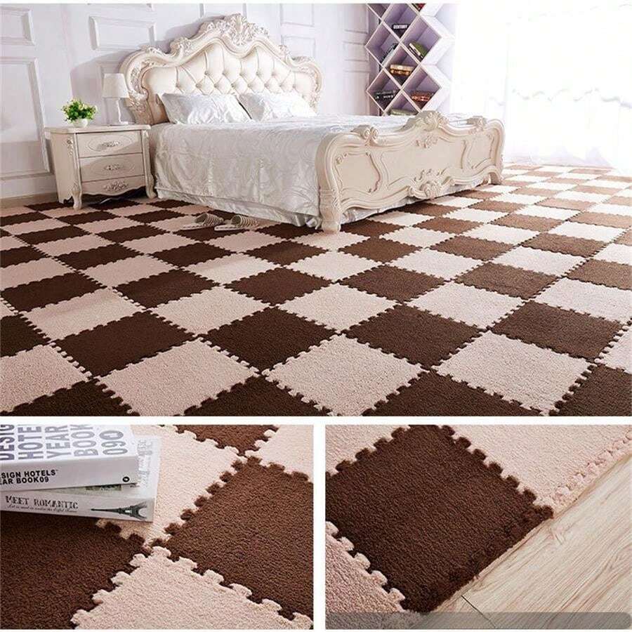 12pcs Creative Puzzle Interlocking Floor Mat, Solid Color Square Bedside Rug For Bedroom, Living Room, Playroom - 6 Camels + 6 Coffees - View 1