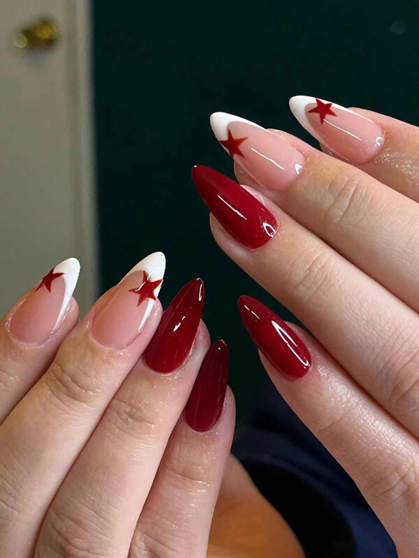Conjunto de uñas postizas acrílicas con diseño de estrella burgundy, 24 piezas de uñas blancas en forma de almendra con punta francesa, incluye 1 tubo de pegamento transparente y 1 lima de uñas. Decoraciones de arte de uñas para las temporadas de otoño e invierno, por suministros de uñas para mujeres y niñas uñas falsas uña falsa uña acrílica