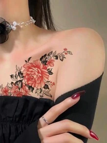 CAT QUEEN ART 1入華麗牡丹花圖案臨時紋身貼紙,可貼於手臂、胸部、腹部和後背 - 彩色 - 查看 3