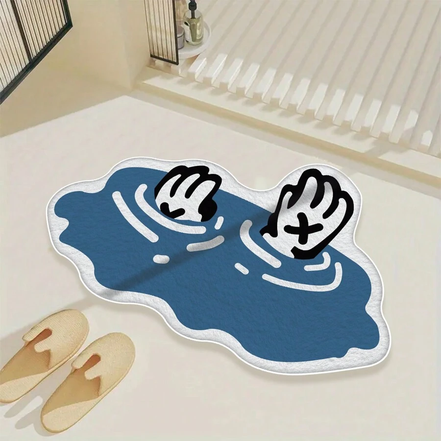 1 件仿羊绒面料水洗布背衬，超细纤维防滑垫，带蓝色不对称波浪和两只小手图案毛绒易清洁防滑垫可用于浴室入口、浴缸、淋浴房入口、水槽下方等各种室内区域。 - 藍色 - 查看 1