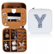 1pc Diamond Shining Letter Shaped Jewelry Box, Large Capacity With Soft Velvet Interior, Waterproof Pu Leather For Women's Travel Outdoor Carry - White - View 17