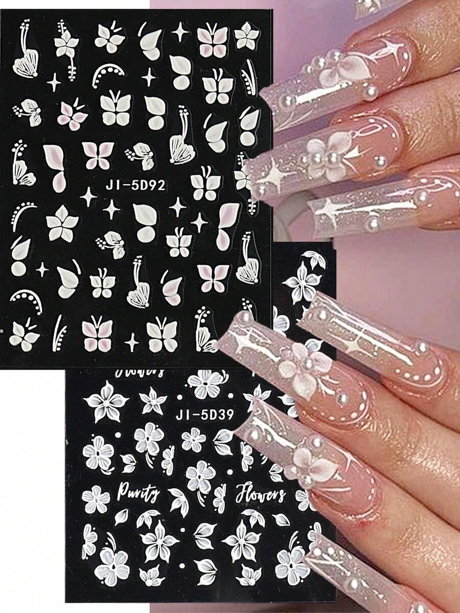 2入組浮雕5d指甲貼紙,優雅的白色亞克力花卉滑片,適用於指甲花瓣裝飾貼紙 - 彩色 - 查看 1