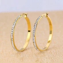 1 Pair Of Fashionable And Versatile Stainless Steel  Round Large Earrings, Personalized And Slimming For Daily Wear, Suitable For Both Men And Women - 1 Pair Of Gold and White Diamond Earrings 40mm - View 1