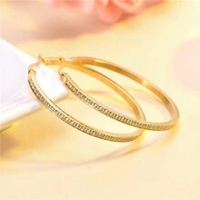 1 Pair Of Fashionable And Versatile Stainless Steel  Round Large Earrings, Personalized And Slimming For Daily Wear, Suitable For Both Men And Women - 1 Pair Of Gold and White Diamond Earrings 40mm - View 3