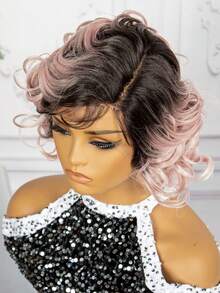 T-Shaped Lace Front Synthetic Short Curly Hair Wig Cap In Golden Color, Made Of Chemical Fiber - Multicolor - View 8
