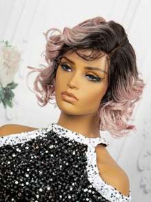T-Shaped Lace Front Synthetic Short Curly Hair Wig Cap In Golden Color, Made Of Chemical Fiber - Multicolor - View 1
