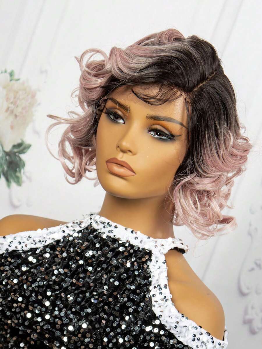 T-Shaped Lace Front Synthetic Short Curly Hair Wig Cap In Golden Color, Made Of Chemical Fiber - Multicolor - View 1