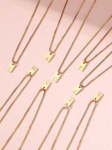1pc Fashionable Minimalist Square Letter Pendant Necklace Boys Girls Delicate Popular Initial Alphabet Necklace For Party Banquet Dates Birthday Jewelry Gift For Daily Decoration - Yellow Gold - View 3