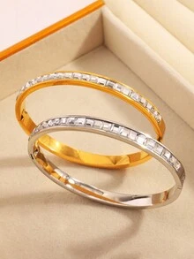 2 Pcs New Light Luxury Exquisite Personalized Simple Stainless Steel Generous Single Row Rhinestone Bracelet Suitable For Holiday Gifts Friends Daily Wear - Generous Single Row Diamond Bracelet - View 2