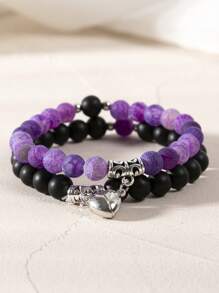 2入組天然石珠子和愛心、、八卦和手部紋路的彈性手鍊套裝,適用於情人節女士和情侶 - 彩色 - 查看 17