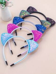 1pc Unisex Solid Color Fluorescent Pink Glitter Cat Ear Hair Hoop With Teeth For Birthday Party, Gathering, Daily Use - Purple - View 3