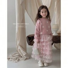 少女可愛時尚的珍珠細節編織寬松毛衣,帶有花朵圖案,適用於秋冬季節 - 粉色 - 查看 4