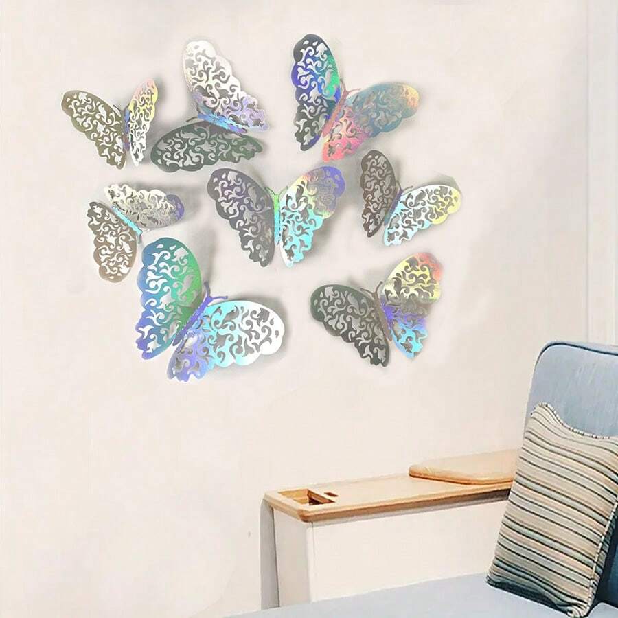 12片/組3d多彩銀蝴蝶壁貼,自粘空心紙三維貼紙,適用於客廳臥室牆面裝飾,家居房間裝飾 - 銀色 - 查看 1