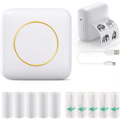 Mini Printer Portable, Inkless Photo Printer Thermal Sticker Maker Machine With 10 Rolls Paper For Smartphone, Label Printer For Receipt Picture Notes Study Home Office