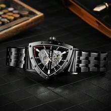 T-WINNER 1枚男士黑色時尚三角形中空自動機械錶，夜光錶盤，頂級品牌，奢華不銹鋼錶帶，商務/休閒運動手錶，禮品 - 黑色 - 查看 4