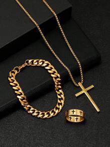 3pcs Fashion Multi Colour Men's Jewellery Set Cross Necklace Bracelet Cross Ring Suitable For Daily Use - Black - View 2