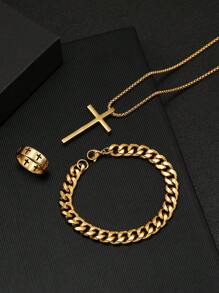 3pcs Fashion Multi Colour Men's Jewellery Set Cross Necklace Bracelet Cross Ring Suitable For Daily Use - Black - View 4