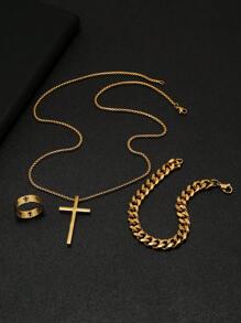 3pcs Fashion Multi Colour Men's Jewellery Set Cross Necklace Bracelet Cross Ring Suitable For Daily Use - Black - View 5