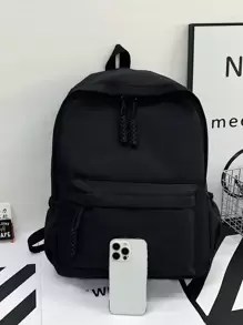 1个尼龙纯色休闲背包，适合学生、上课、旅行和女性使用，可装学习用品，是理想的书包、返校背包之选，容量大，轻便易携，经典休闲风格。适合青少年、女性、大学生、年轻职业人士和上班族，是返校、开学第一天、大学、中学、高中、户外活动、旅行和徒步旅行的完美之选。 - 黑色 - 查看 5