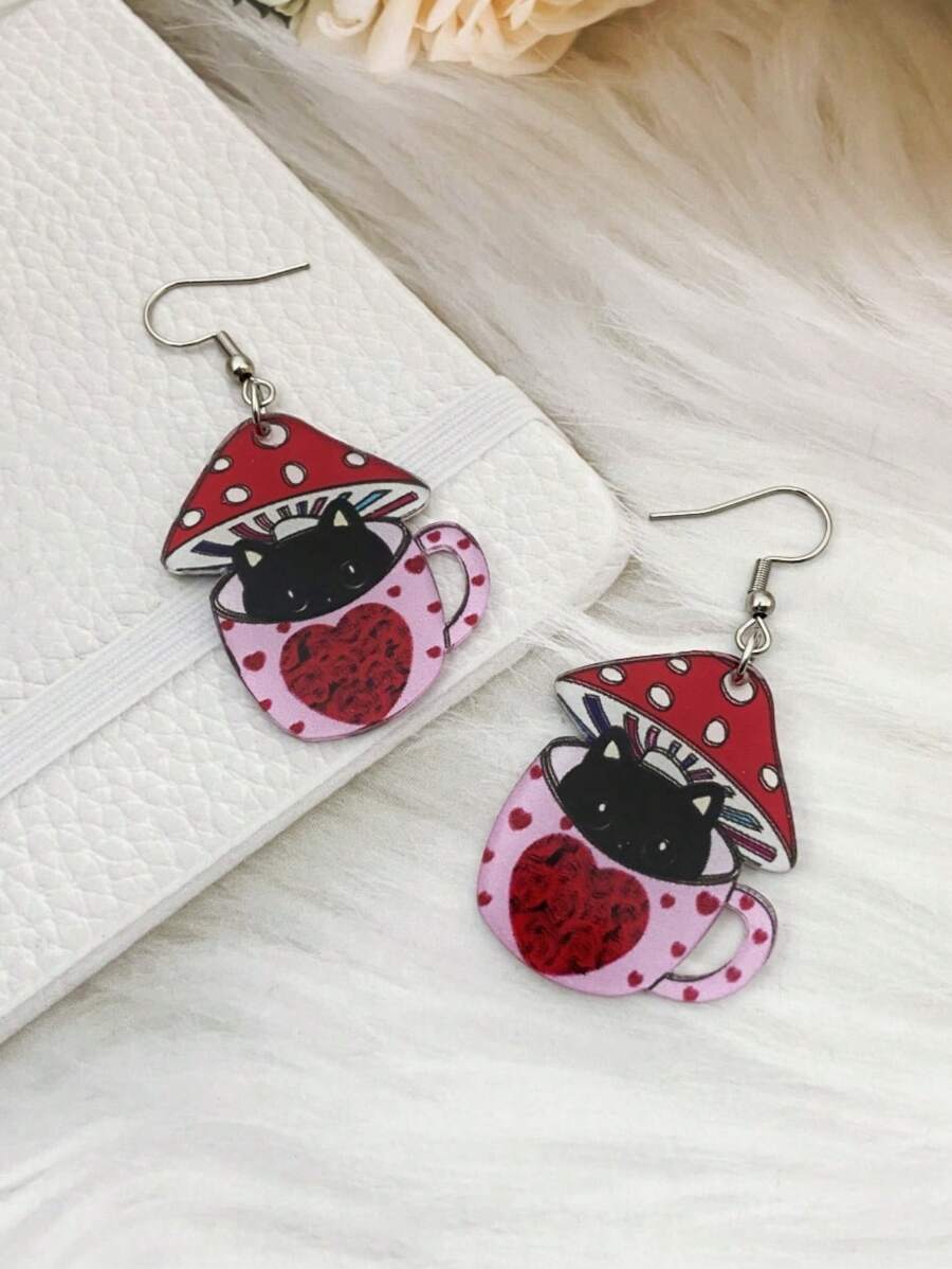 1 件情人節愛心粉紅杯子和貓印花女式壓克力吊式耳環 - 情人節愛心杯貓咪 - 查看 1
