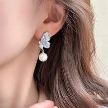 1pair New Design Pearl Crystal Butterfly Earrings For Women, Vintage Style & Unique & Versatile & Fashionable Jewelry - Butterfly Earrings - View 2