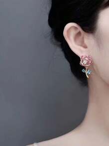 1對粉色水晶玫瑰吊墜耳環,誇張個性化設計,時尚華麗迷人,情人節女性送禮佳品,珠寶飾品 - 彩色 - 查看 5