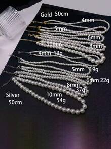1入組簡約風格金黃色/鋼灰色/珍珠項鍊（女士用）,50cm長,多種尺寸4mm/5mm/6mm/8mm/10mm